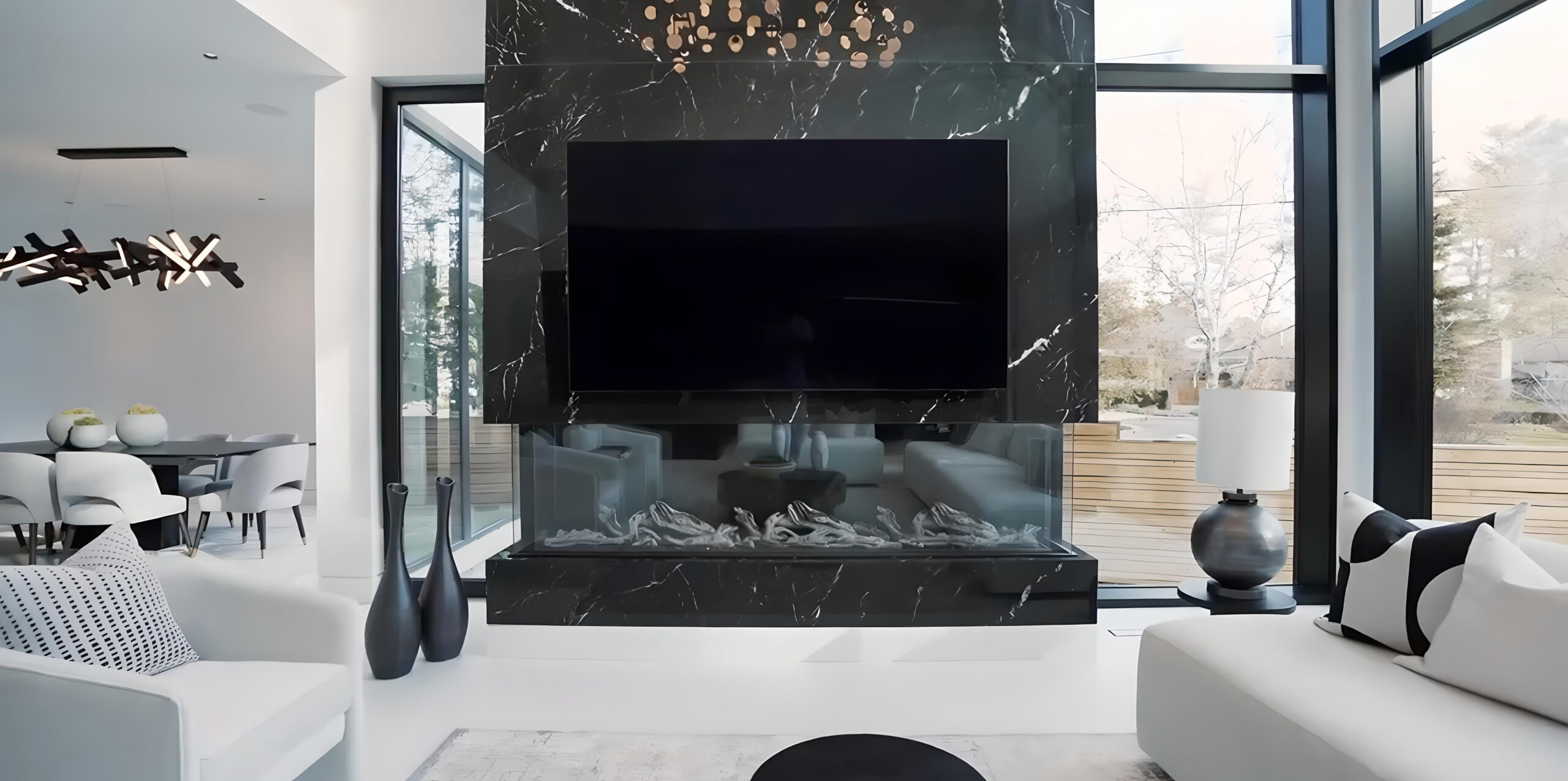 Réalisation entreprise construction Geneve - Salon avec coin feu et télé